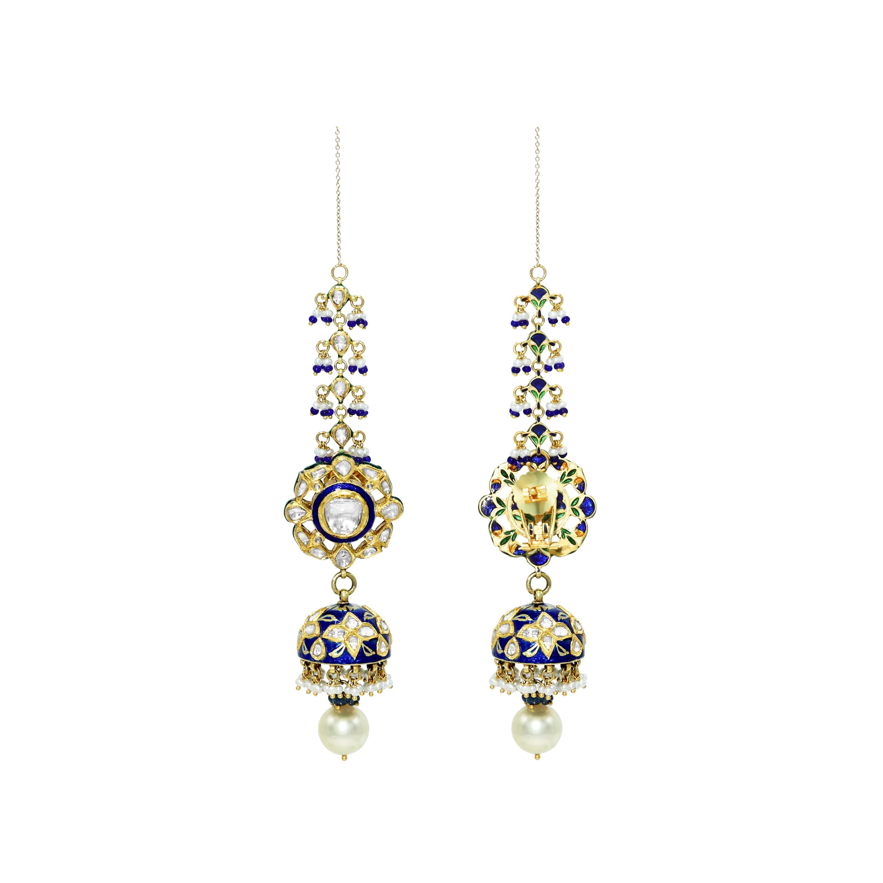 Blue Meenakari Jhumki Earrings with Polki and Pearl Drops